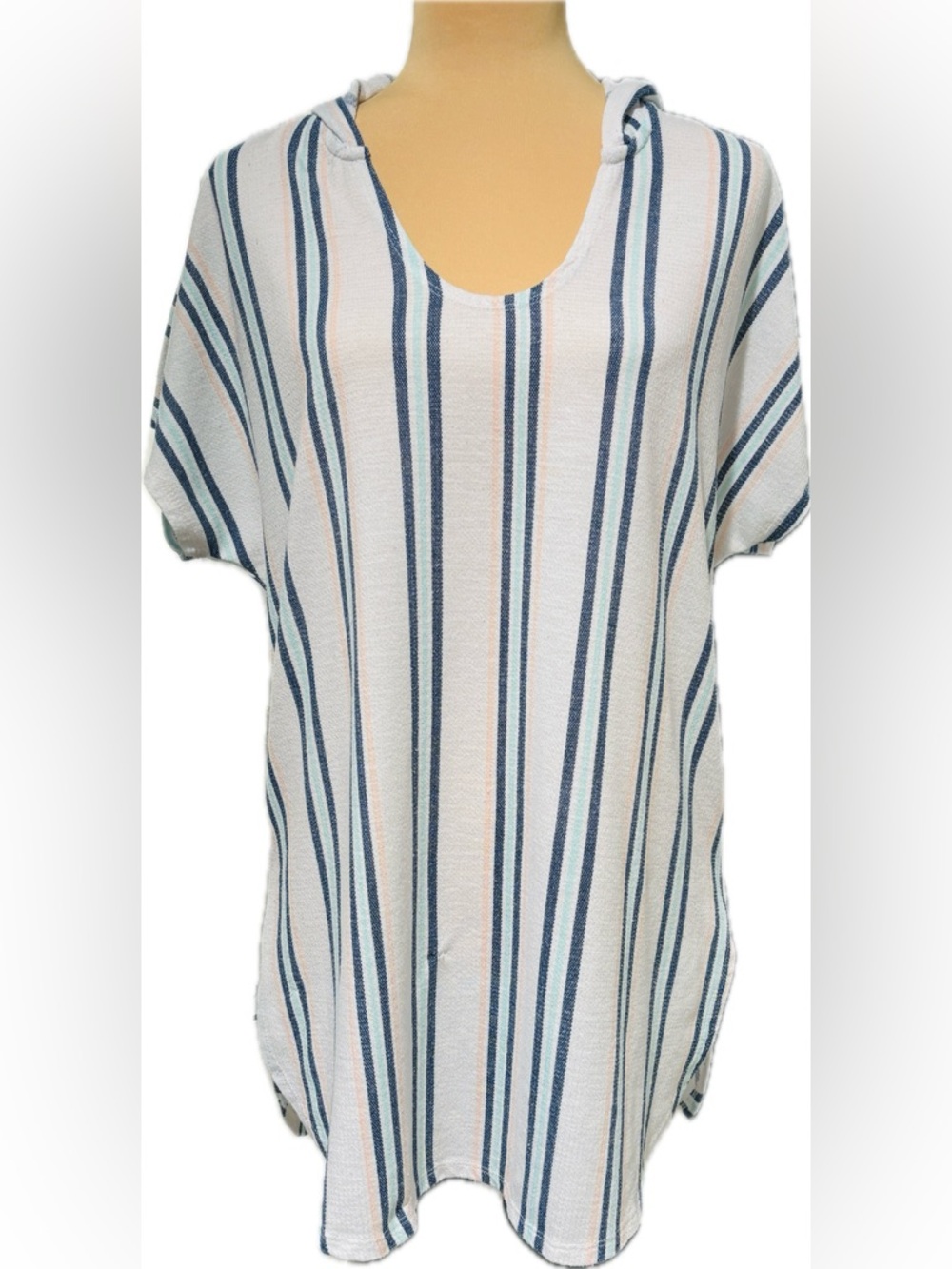 Time and Tru White Hooded Coverup with Blue Stripes